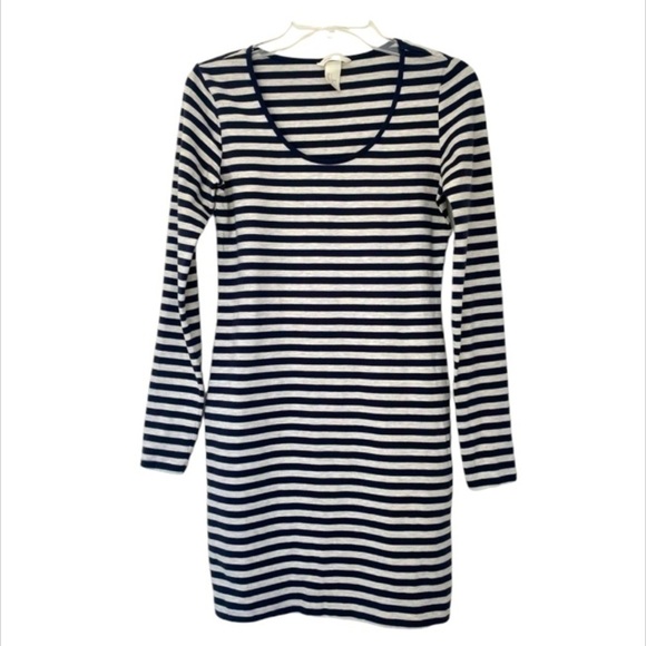 H&M Basic Knit Striped Long Sleeve Bodycon Navy Gray Dress - Picture 1 of 4